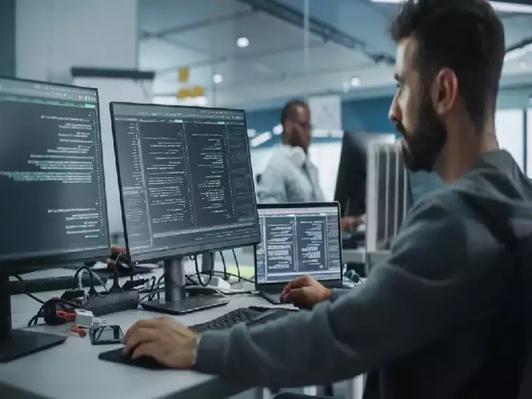 Picture of an Information Tehnology professional working at his work station with multiple computer screens in front of him 